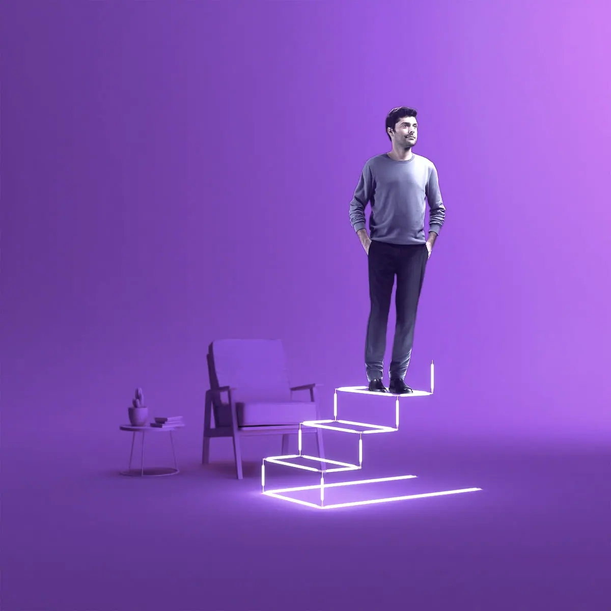 Homem no alto de uma escada de neon roxo olha para cima